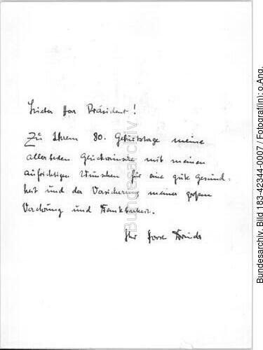 Glückwunsch von Horst Drinda an Wilhelm Pieck