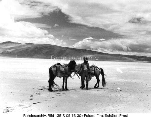 Tibetexpedition, Landschaftsaufnahme, Reiter