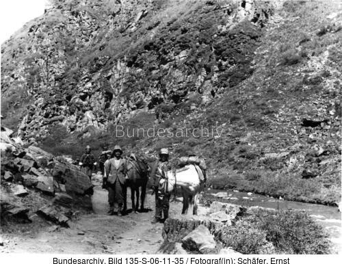 Tibetexpedition, Karawane in Tal, Fluss