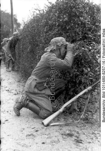 Frankreich, Soldaten in Deckung hinter Hecke