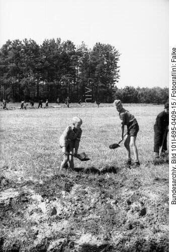 Polen, Jungen mit Schauffeln auf Feld