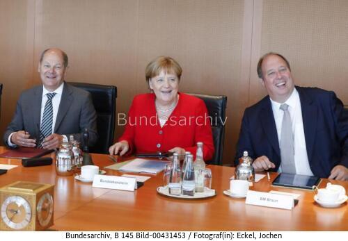 Bundeskanzlerin Angela Merkel, BM Olaf Scholz und BM Helge Braun 2019