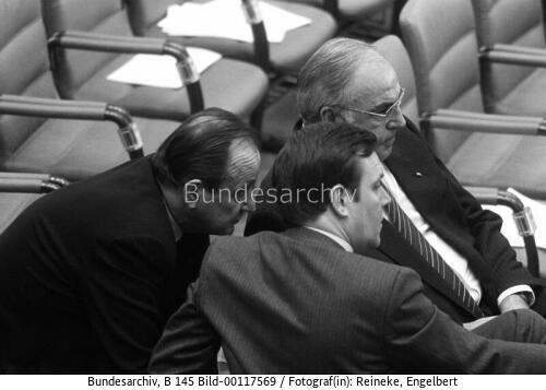 Bundestagssitzung 1986 / Bundeskanzler Kohl, AM Genscher und MdB Rühe